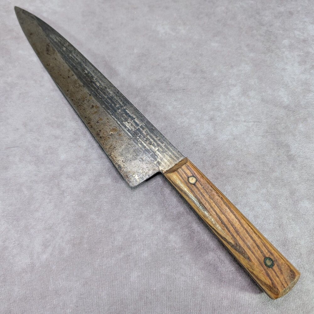 Vintage Forgecraft Hi-Carbon 10" Chef Knife Wood Handle Brick Pattern USA